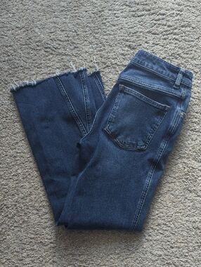 Free People Dark Blue High-Rise Wide-Leg Jeans with Raw Hem